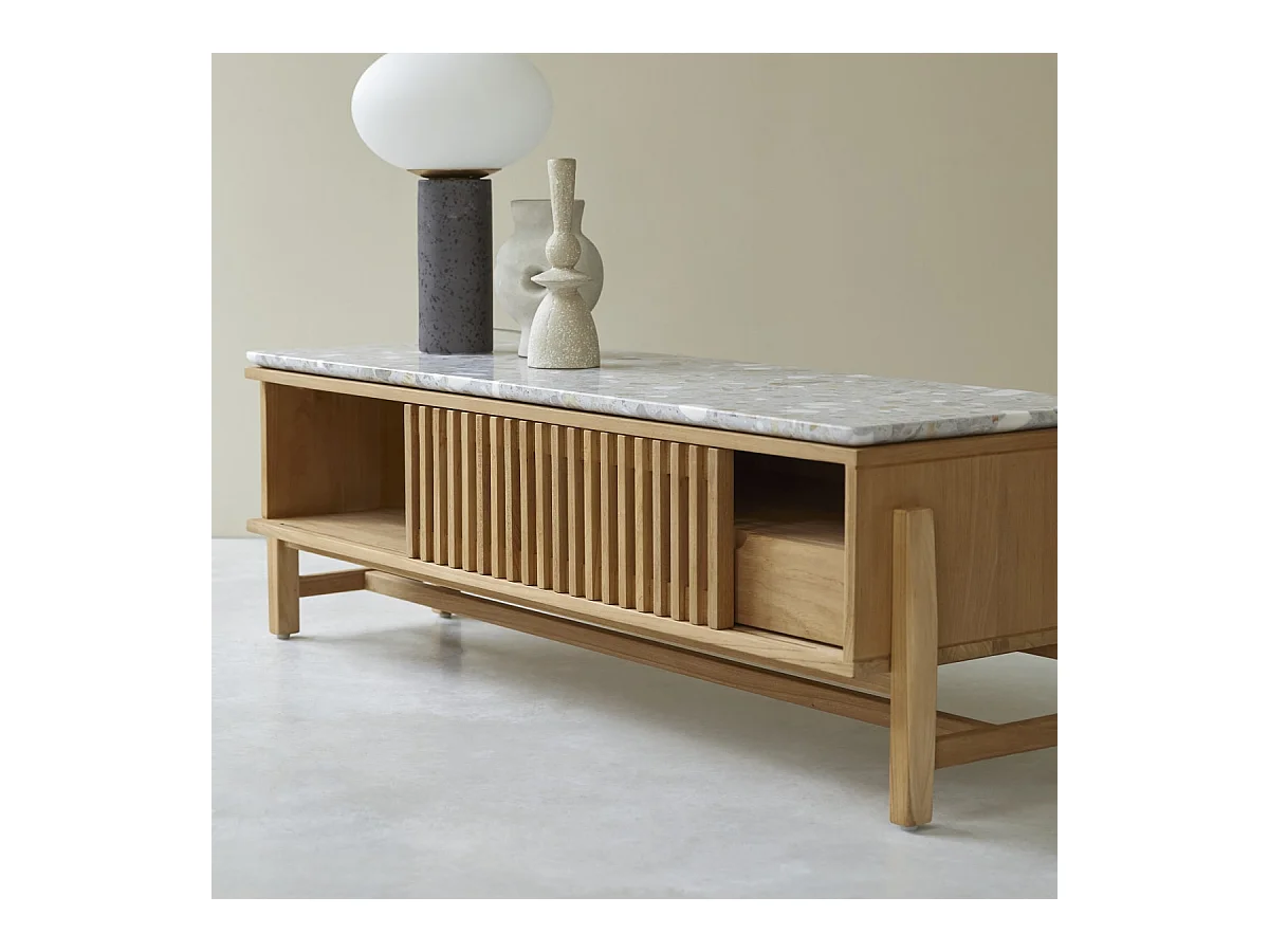 TV-Schrank Isaure aus massivem Teakholz und Premium-Terrazzo 140 cm