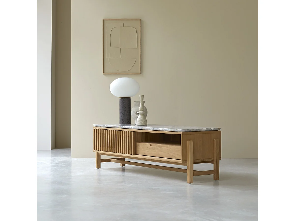 Mobile TV Isaure in legno di teak massello e terrazzo pregiato 140 cm