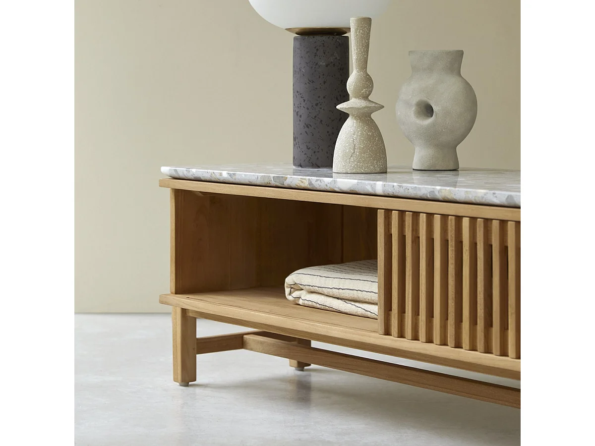 Mobile TV Isaure in legno di teak massello e terrazzo pregiato 140 cm