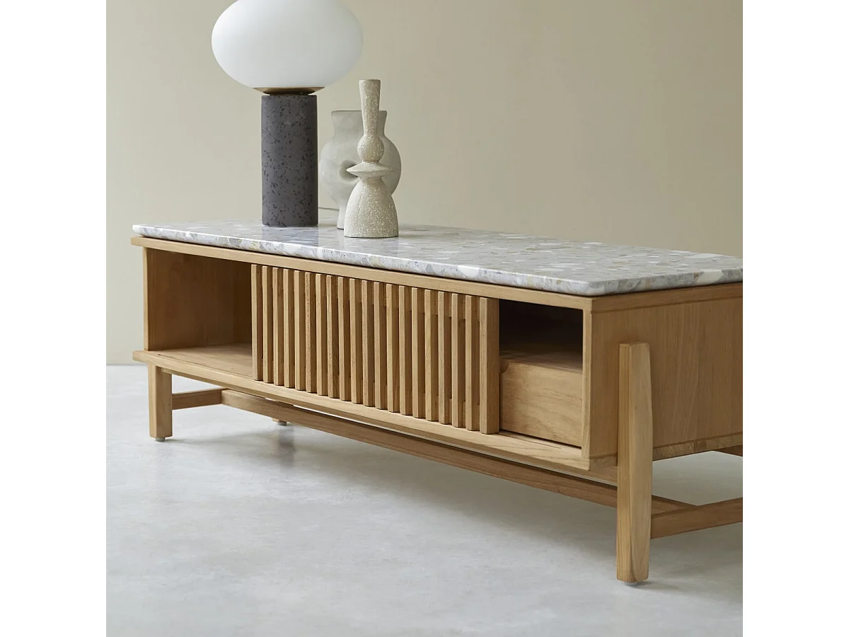 Mobile TV Isaure in legno di teak massello e terrazzo pregiato 140 cm