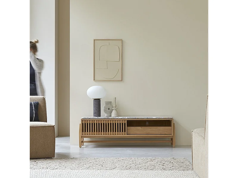 Meuble TV Isaure en bois de teck massif et terrazzo premium 140 cm