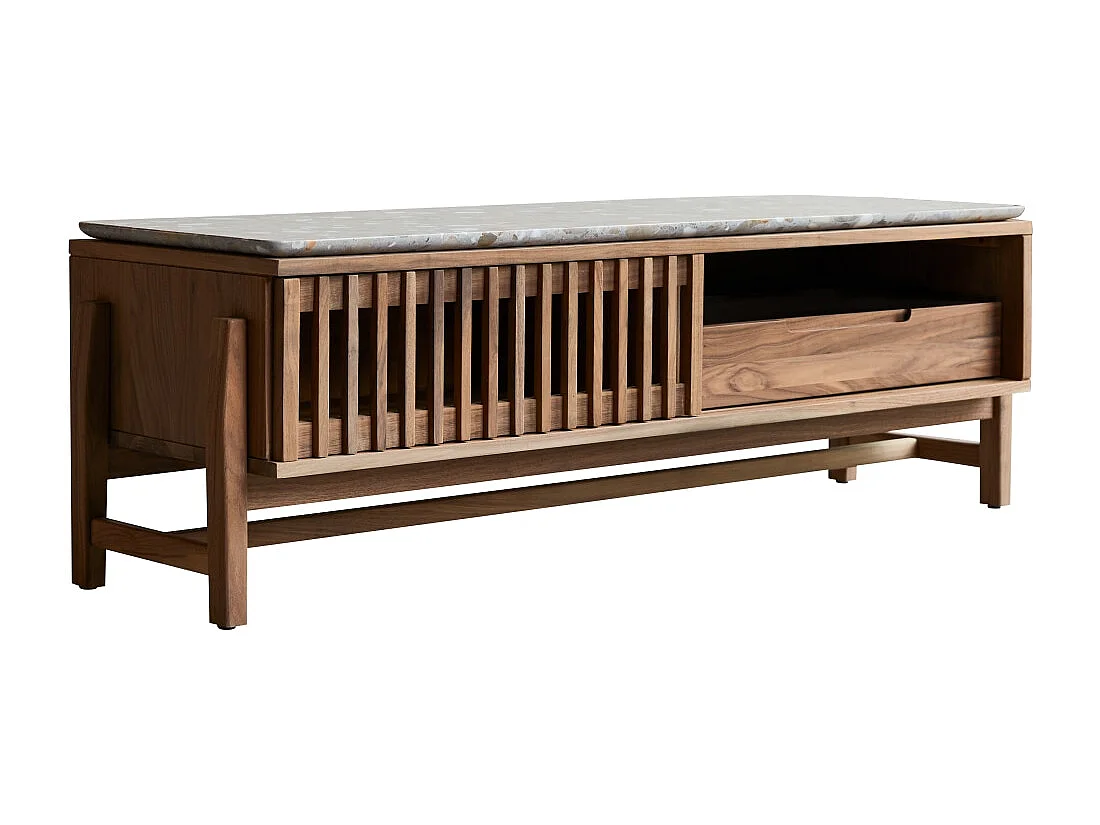 Meuble TV Isaure en bois de noyer massif et terrazzo premium 140 cm