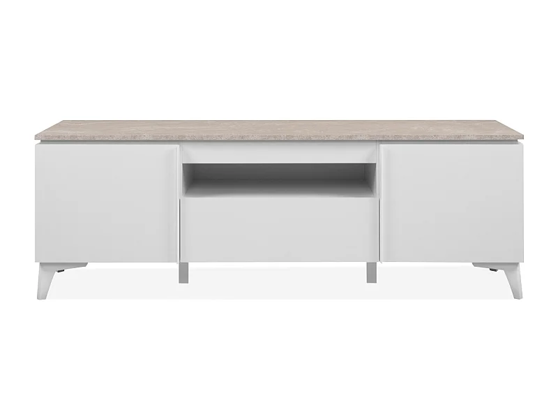 Meuble TV 2 portes, 1 tiroir et 1 niche décor travertin et blanc L150cm - BERTRIX
