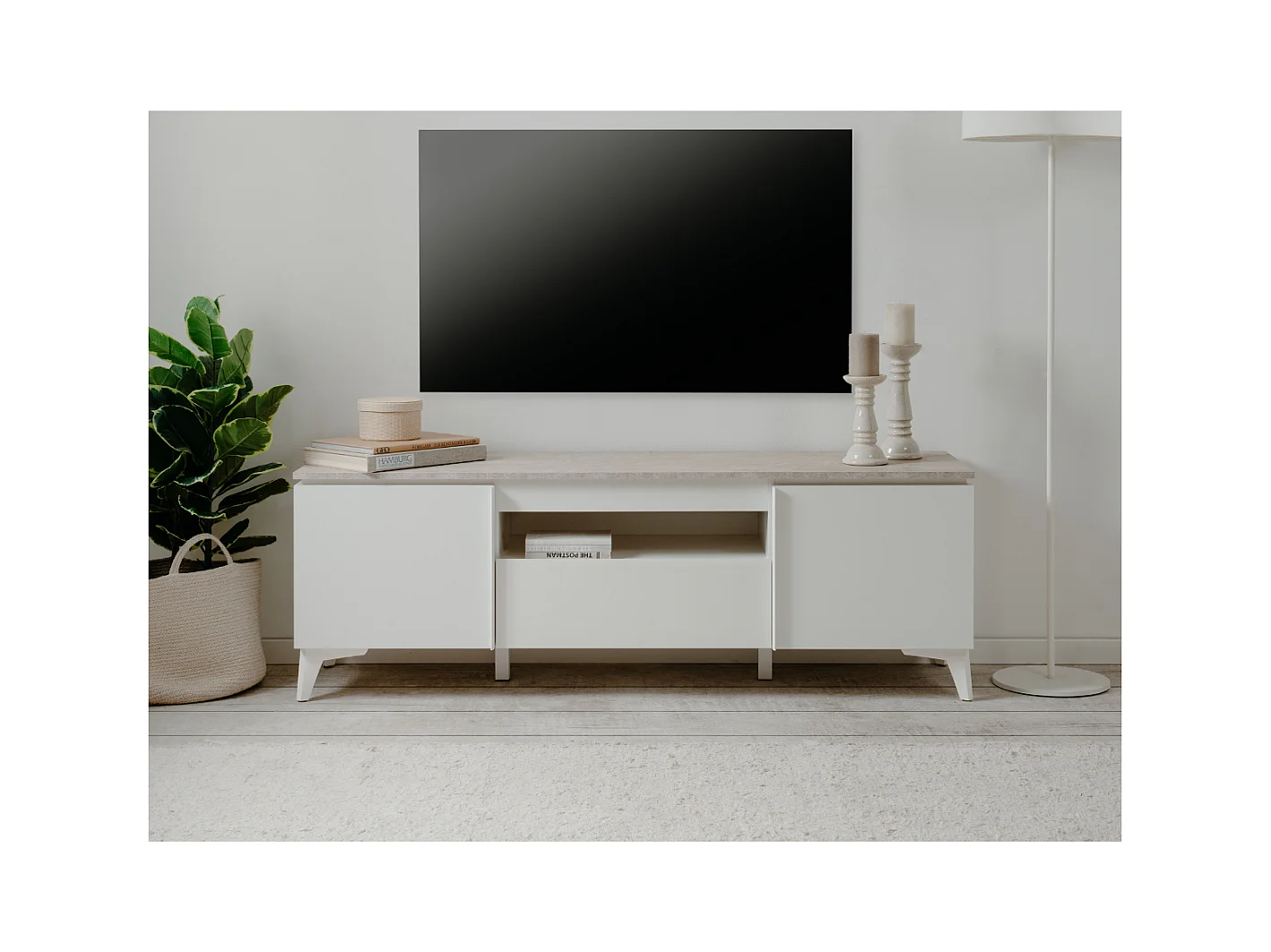 Meuble TV 2 portes, 1 tiroir et 1 niche décor travertin et blanc L150cm - BERTRIX