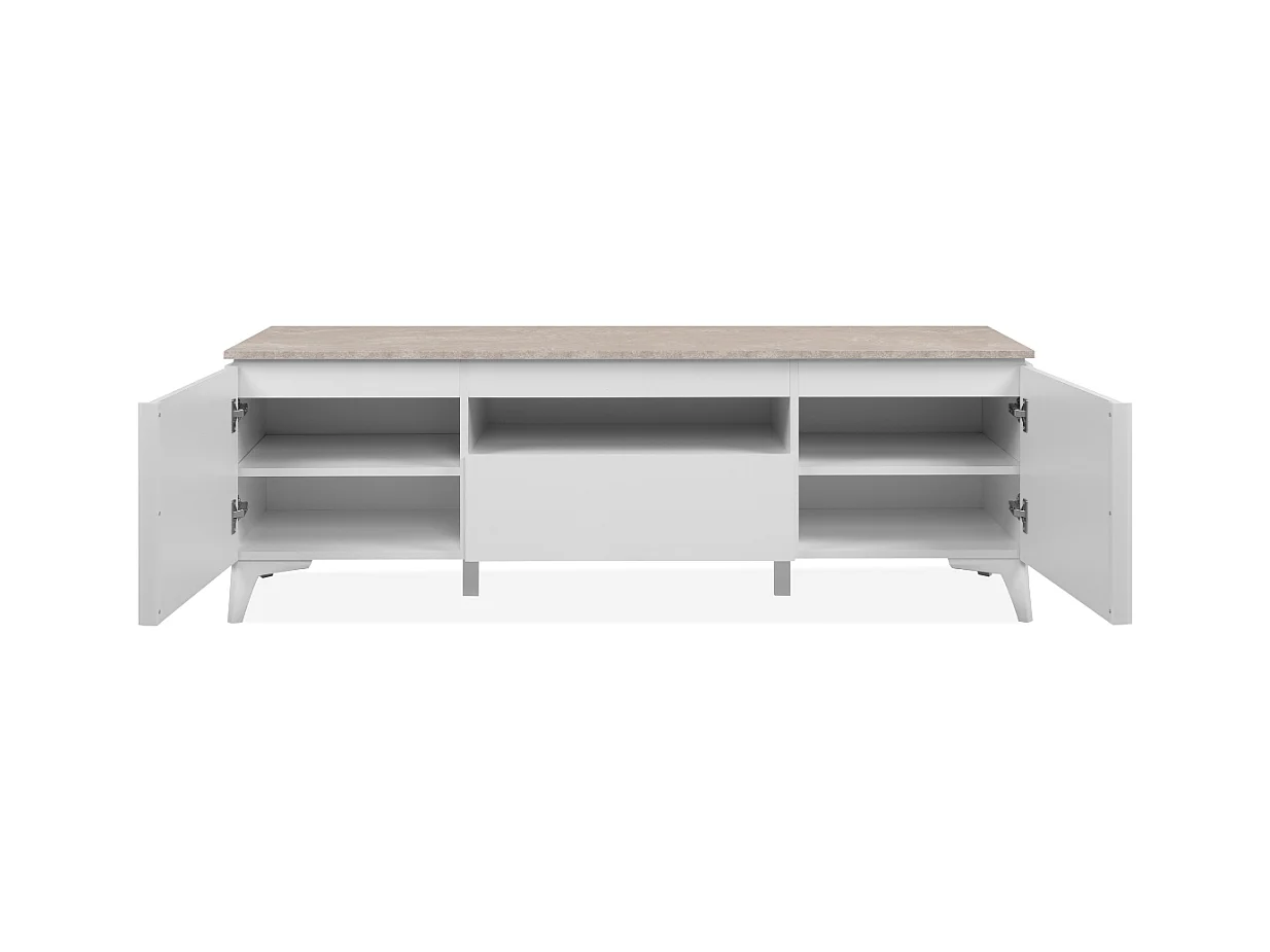 Meuble TV 2 portes, 1 tiroir et 1 niche décor travertin et blanc L150cm - BERTRIX