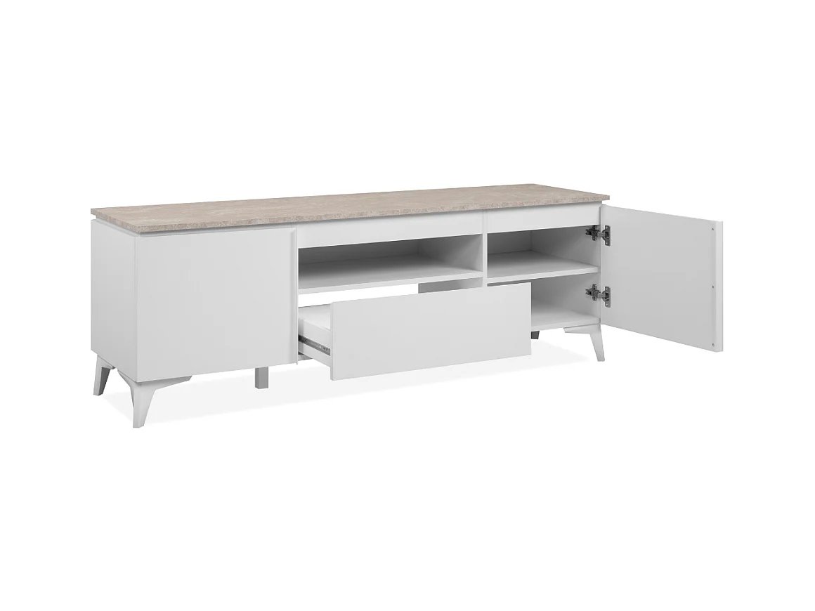 Meuble TV 2 portes, 1 tiroir et 1 niche décor travertin et blanc L150cm - BERTRIX