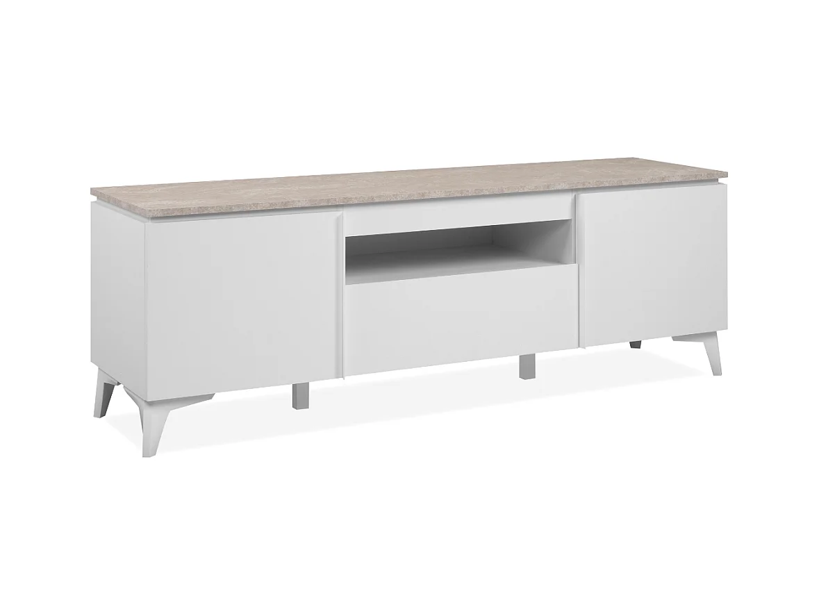 Meuble TV 2 portes, 1 tiroir et 1 niche décor travertin et blanc L150cm - BERTRIX