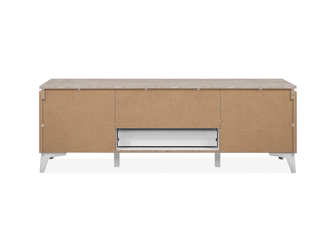 Meuble TV 2 portes, 1 tiroir et 1 niche décor travertin et blanc L150cm - BERTRIX