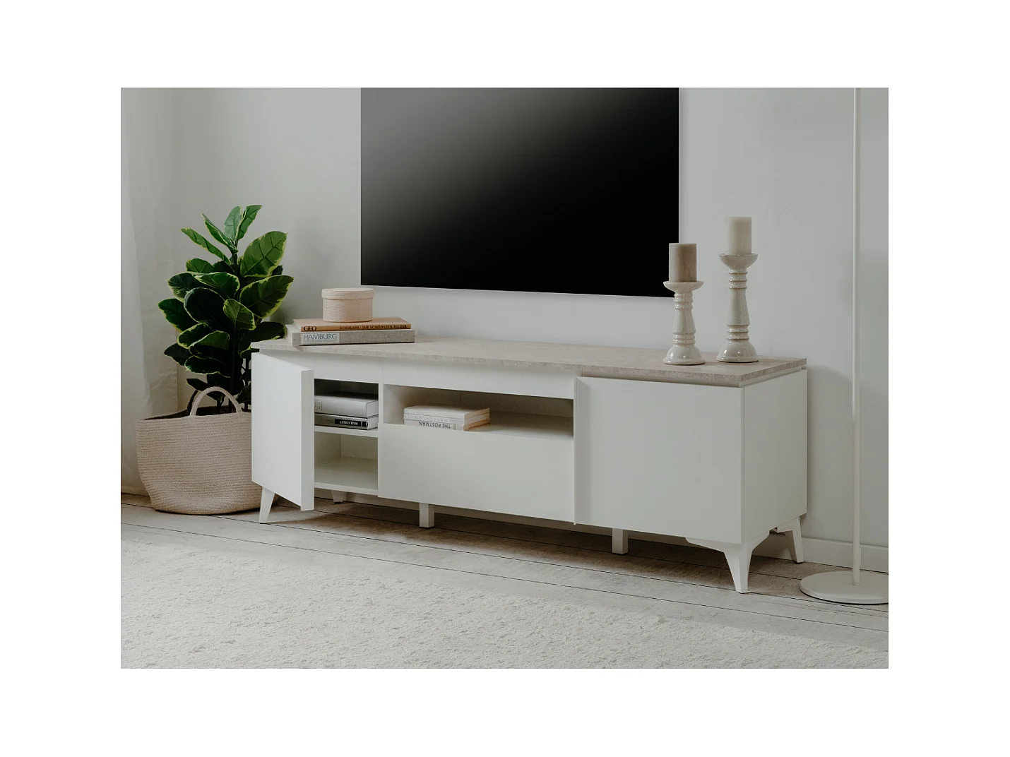 Meuble TV 2 portes, 1 tiroir et 1 niche décor travertin et blanc L150cm - BERTRIX