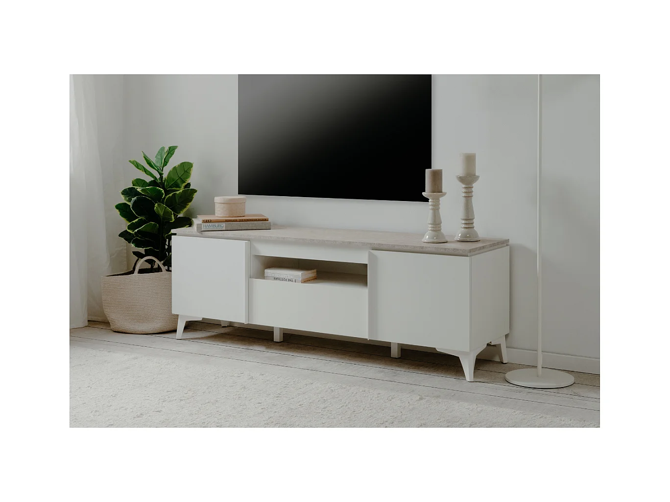 Meuble TV 2 portes, 1 tiroir et 1 niche décor travertin et blanc L150cm - BERTRIX