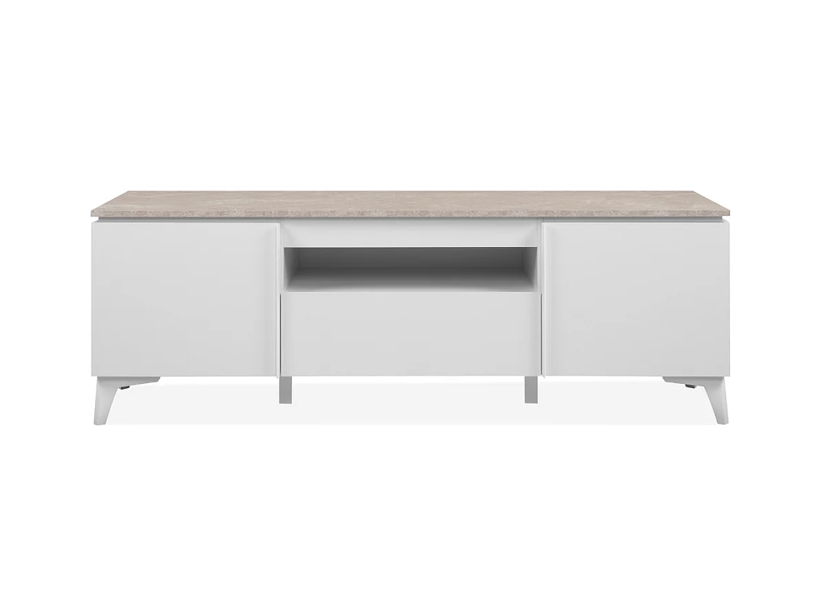Meuble TV 2 portes, 1 tiroir et 1 niche décor travertin et blanc L150cm - BERTRIX