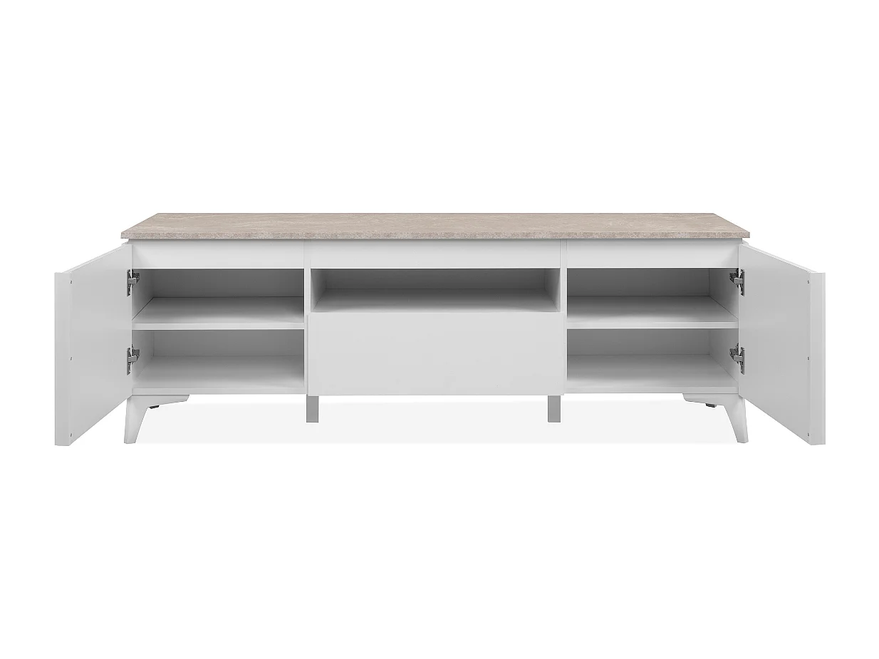 Meuble TV 2 portes, 1 tiroir et 1 niche décor travertin et blanc L150cm - BERTRIX