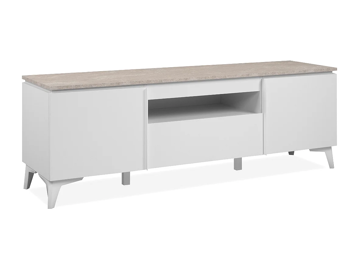Meuble TV 2 portes, 1 tiroir et 1 niche décor travertin et blanc L150cm - BERTRIX