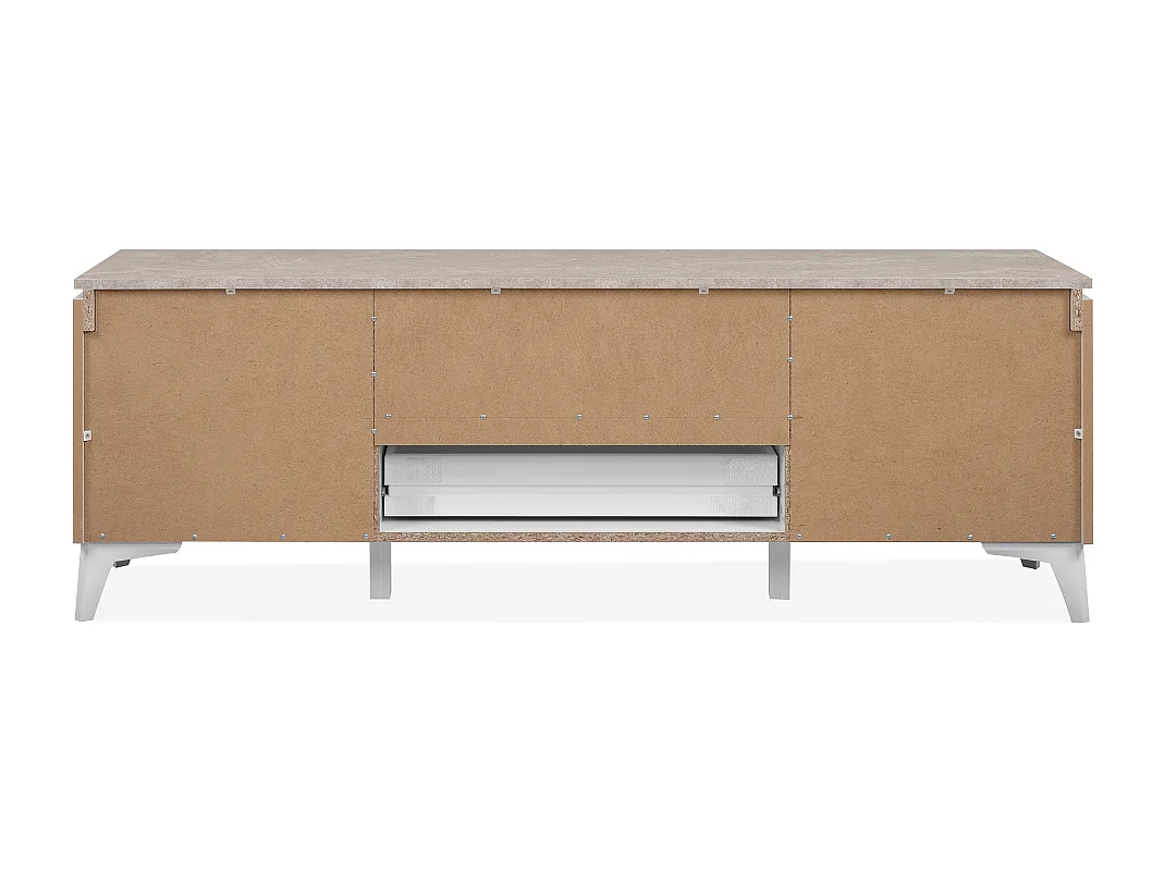 Meuble TV 2 portes, 1 tiroir et 1 niche décor travertin et blanc L150cm - BERTRIX