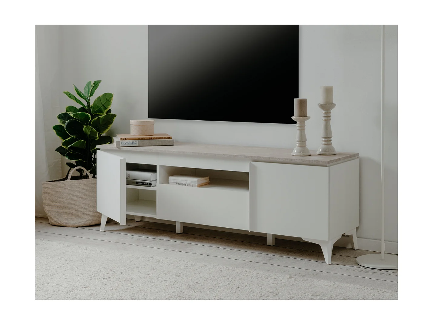 Meuble TV 2 portes, 1 tiroir et 1 niche décor travertin et blanc L150cm - BERTRIX