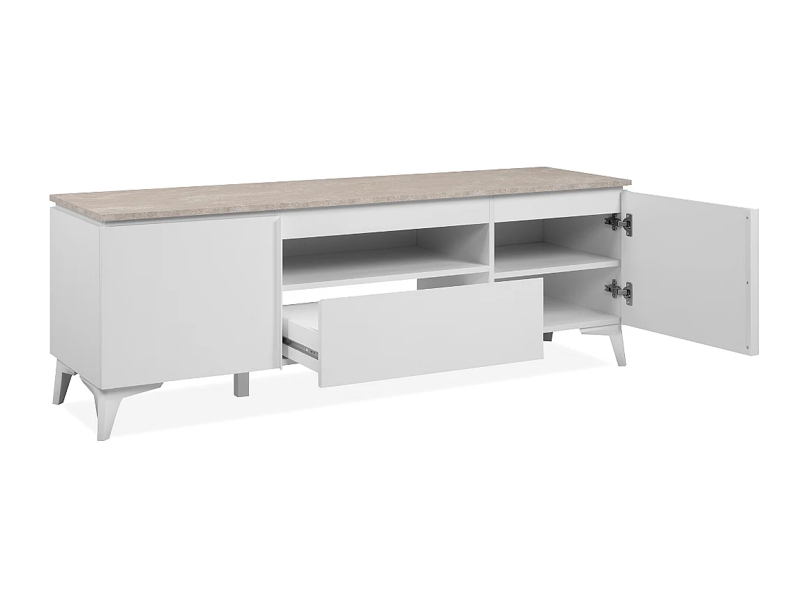 TV-Möbel mit 2 Türen, 1 Schublade und 1 offenem Fach, Dekor Travertin und Weiß, 150 cm – BERTRIX
