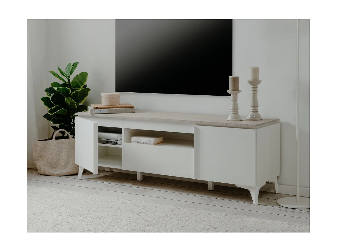 TV-Möbel mit 2 Türen, 1 Schublade und 1 offenem Fach, Dekor Travertin und Weiß, 150 cm – BERTRIX