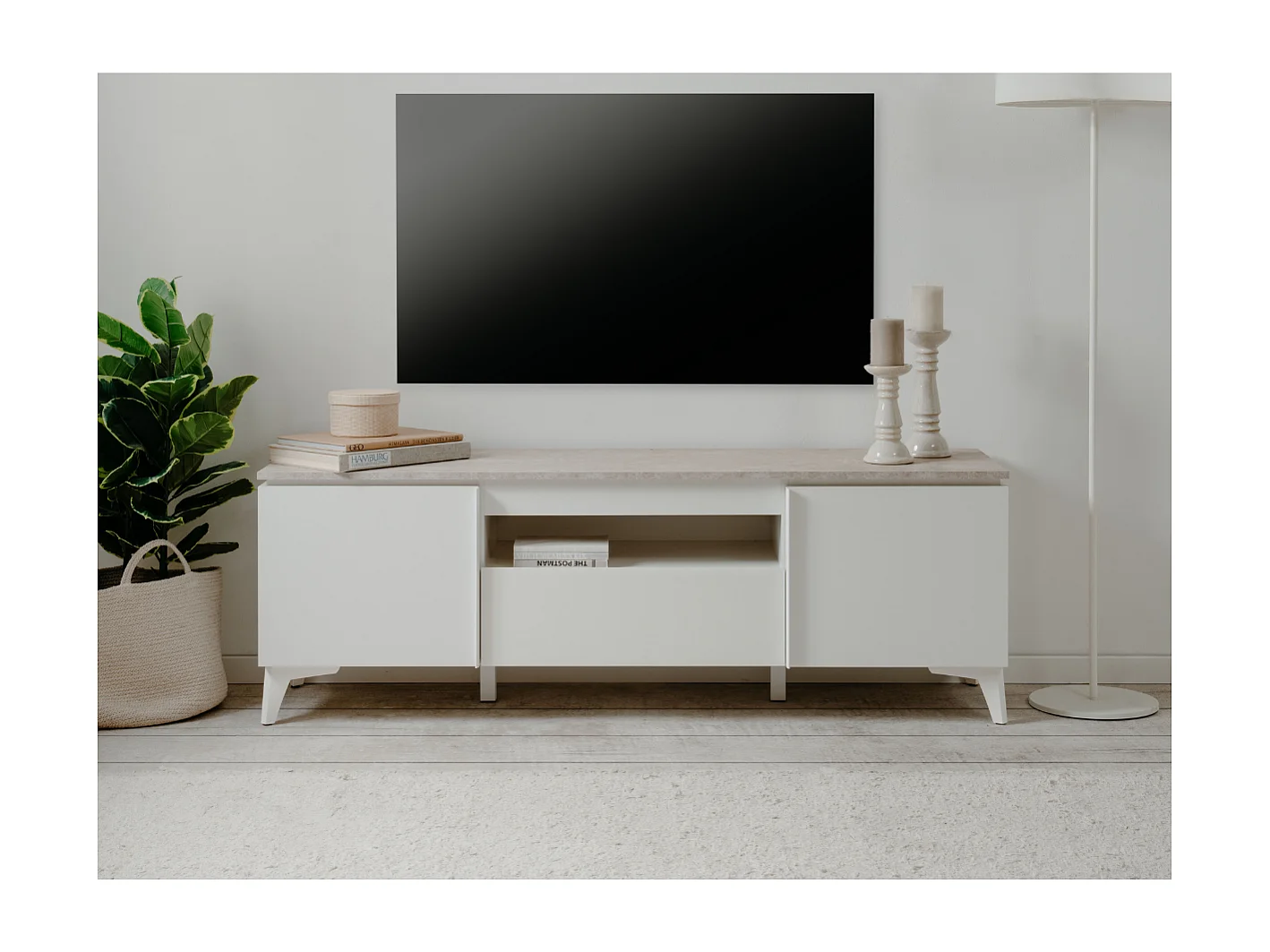 TV-Möbel mit 2 Türen, 1 Schublade und 1 offenem Fach, Dekor Travertin und Weiß, 150 cm – BERTRIX