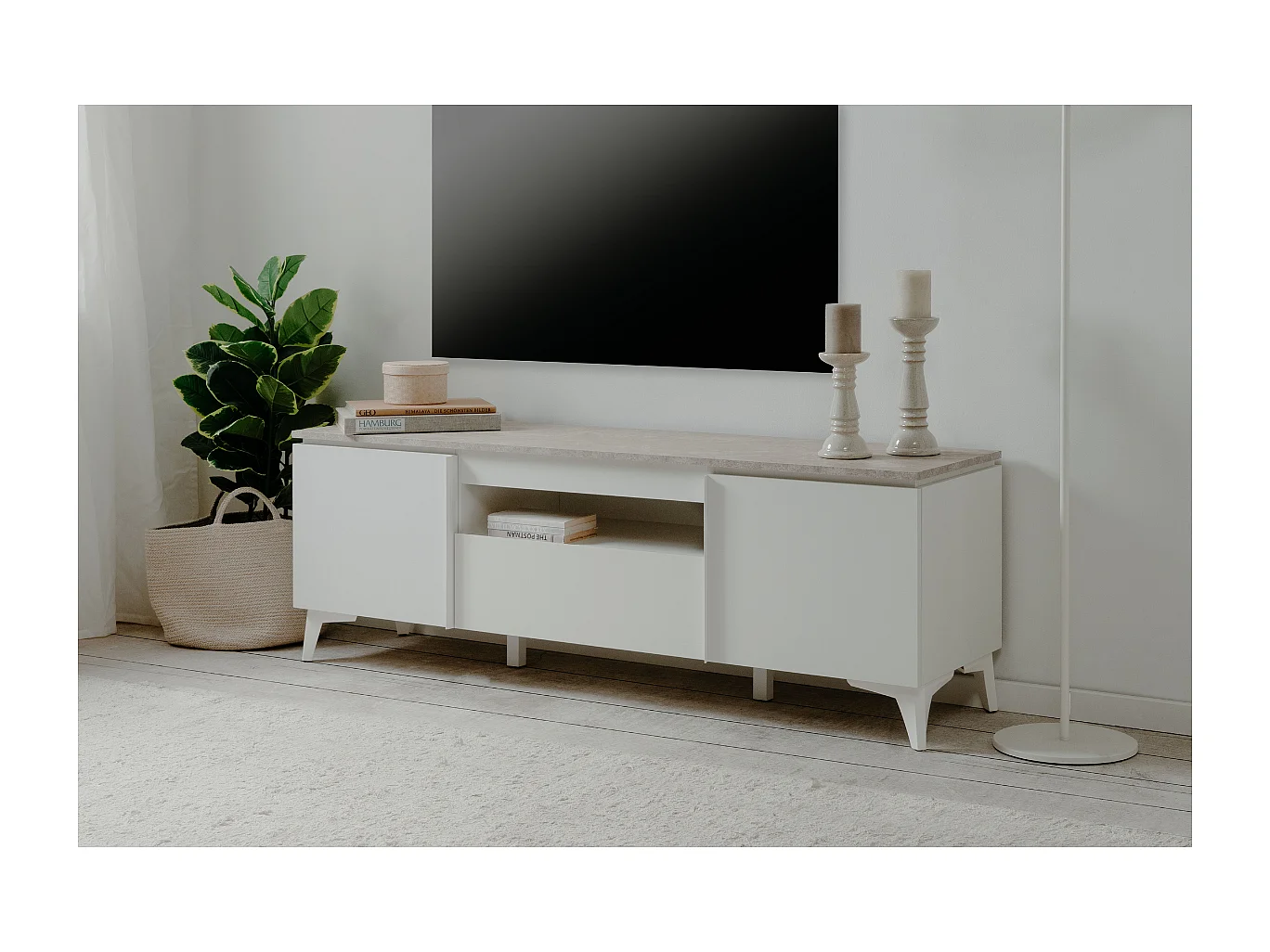 TV-Möbel mit 2 Türen, 1 Schublade und 1 offenem Fach, Dekor Travertin und Weiß, 150 cm – BERTRIX