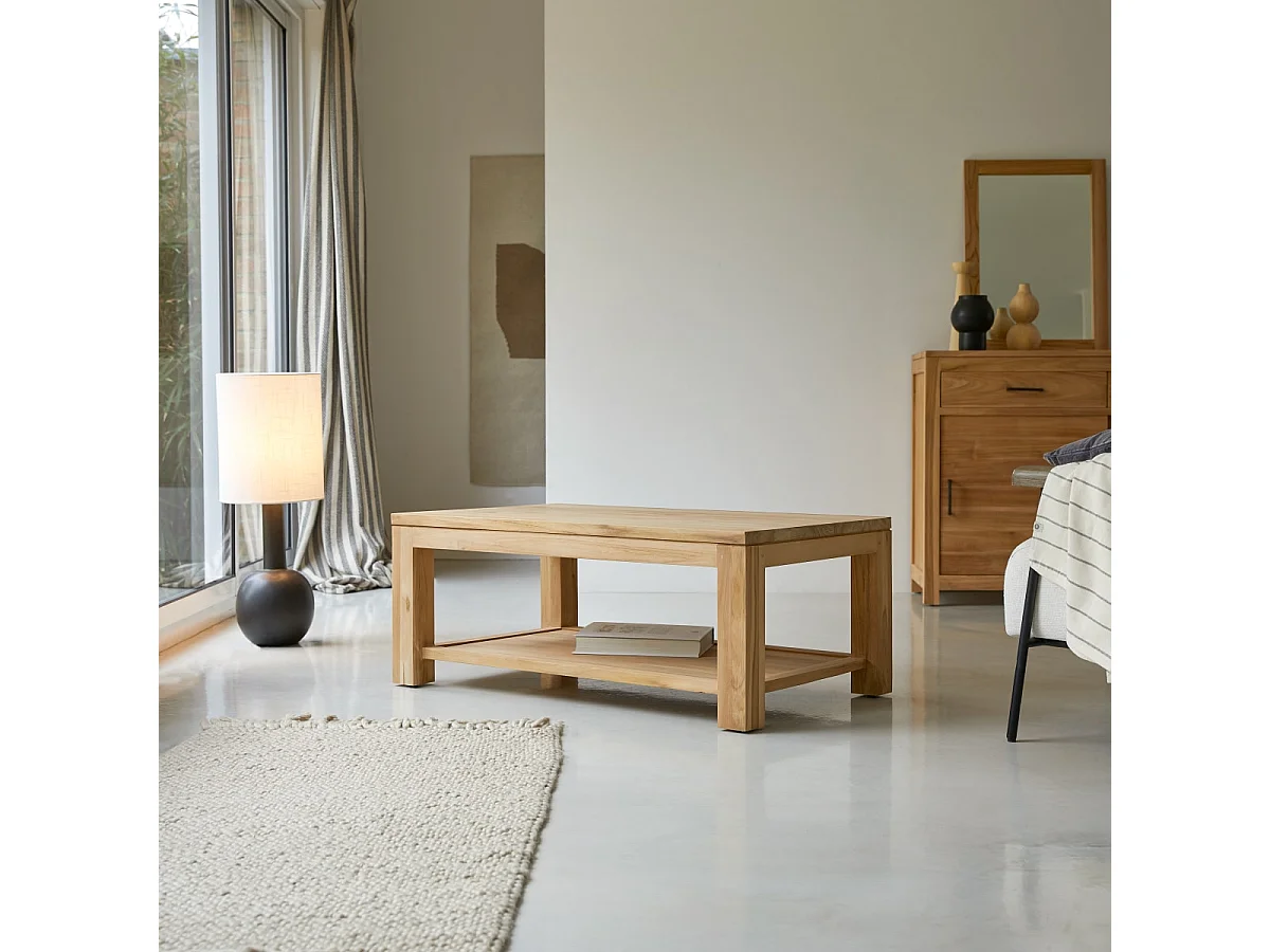 Couchtisch 100x60 cm aus unbehandeltem Teakholz rechteckig mit Alagefläche