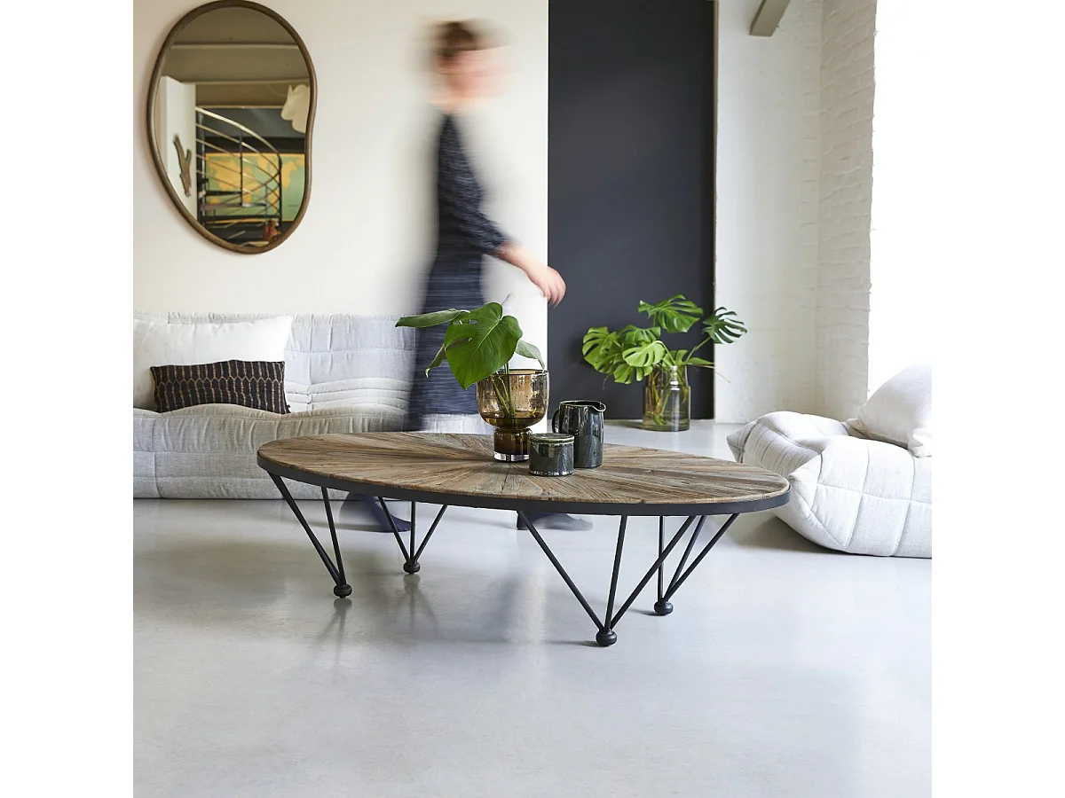 tavolino basso mobile legno massello olmo riciclato metallo divano 140x80 soggiorno salone