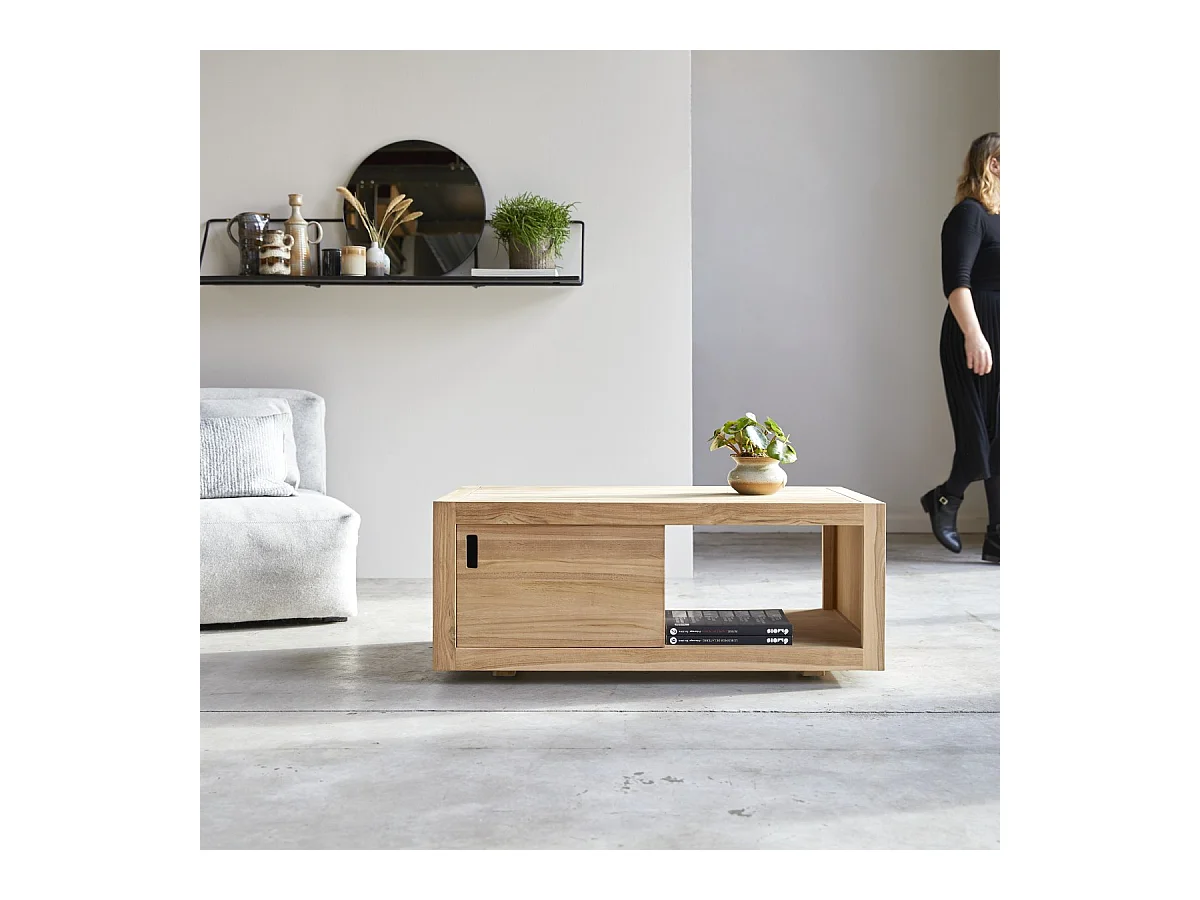 Couchtisch 100x60 cm aus unbehandeltem Teakholz rechteckig mit Schiebetür
