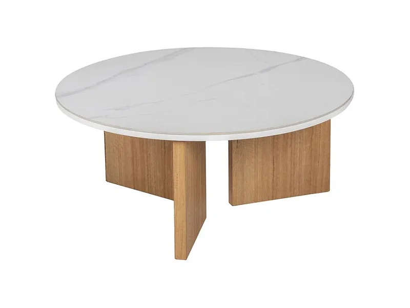 Table basse ronde 80 cm plateau céramique blanc effet marbre URBAN