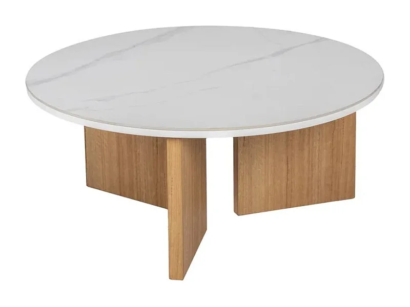 Table basse ronde 80 cm plateau céramique blanc effet marbre URBAN