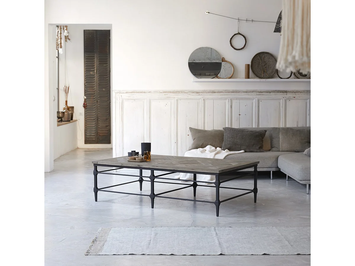 tavolino legno massello olmo metallo 160x90cm soggiorno divano salotto design