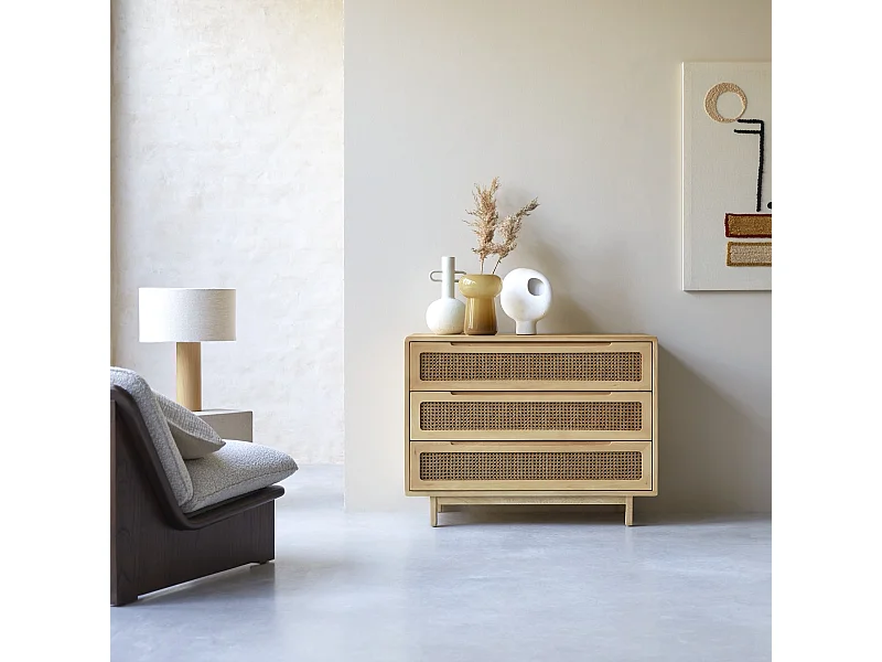 Kommode Luis aus massivem Ulmenholz und Rattangeflecht