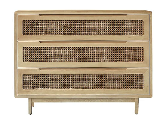 Cassettiera in legno massello di olmo e midollino Luis