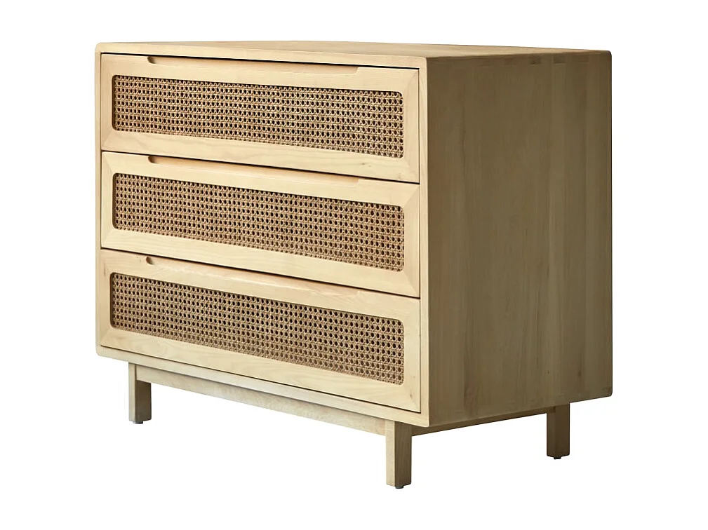 Cassettiera in legno massello di olmo e midollino Luis