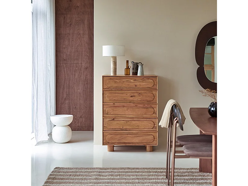 Chiffonnier de rangement en bois d'acacia 5 tiroirs Olga