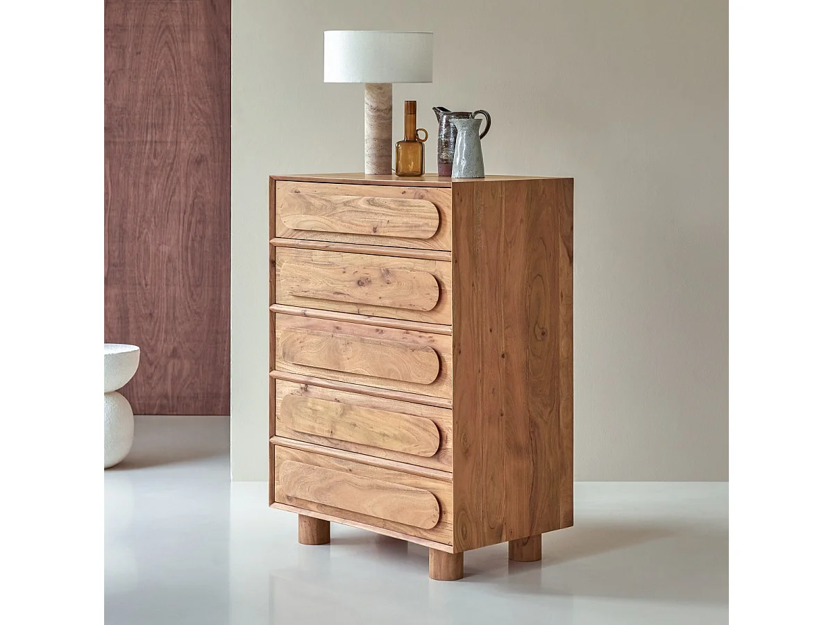 Hohe Kommode aus Akazienholz 5 Schubladen Olga