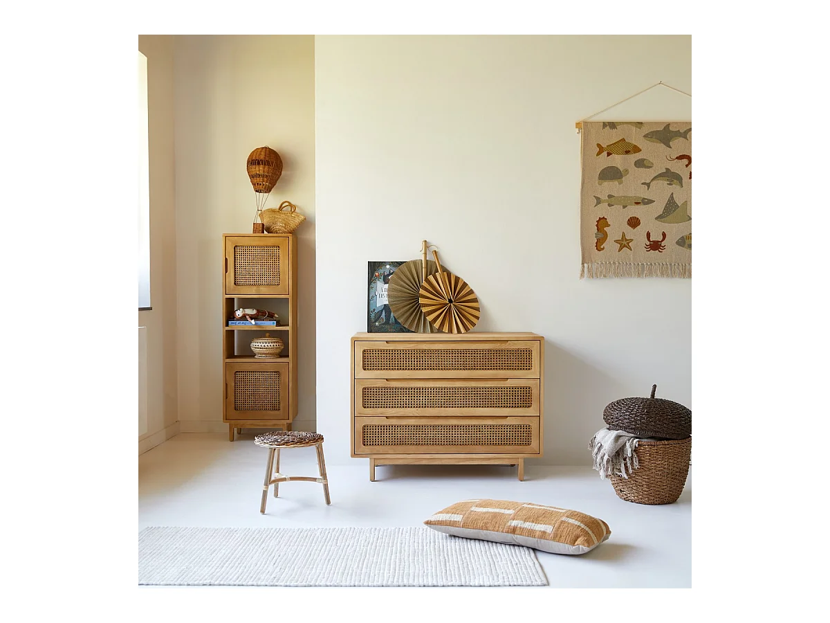 Commode enfant en bois d'orme massif et cannage Luis