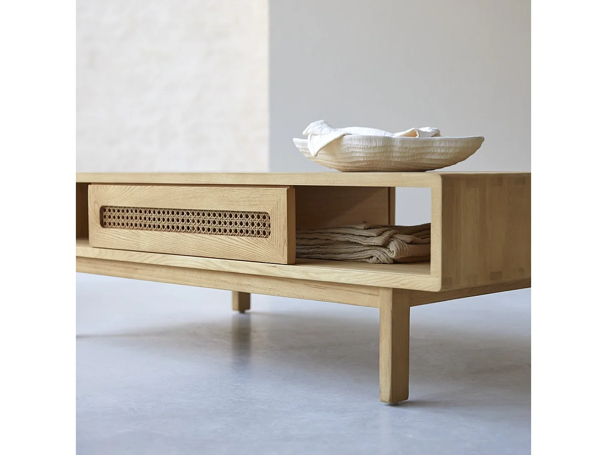 Couchtisch aus massivem Ulmenholz und Rattangeflecht Luis