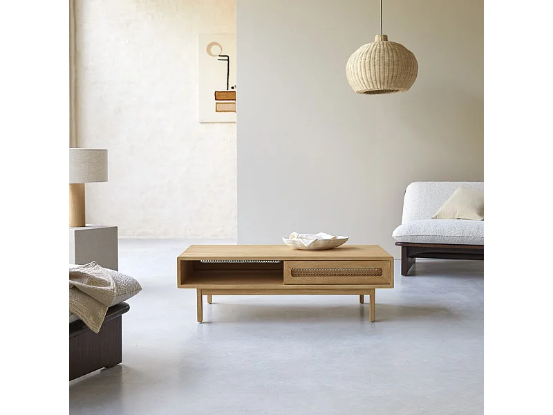 Couchtisch aus massivem Ulmenholz und Rattangeflecht Luis