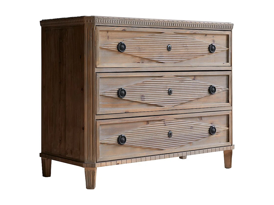 Kommode mit 3 Schubladen aus massiver recycelter Pinie Landhausstil Natur klassisch