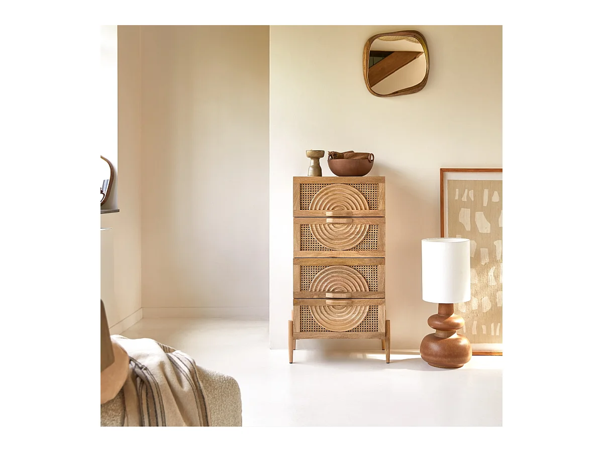 Kommode Sina aus massivem Mangoholz und Rattan
