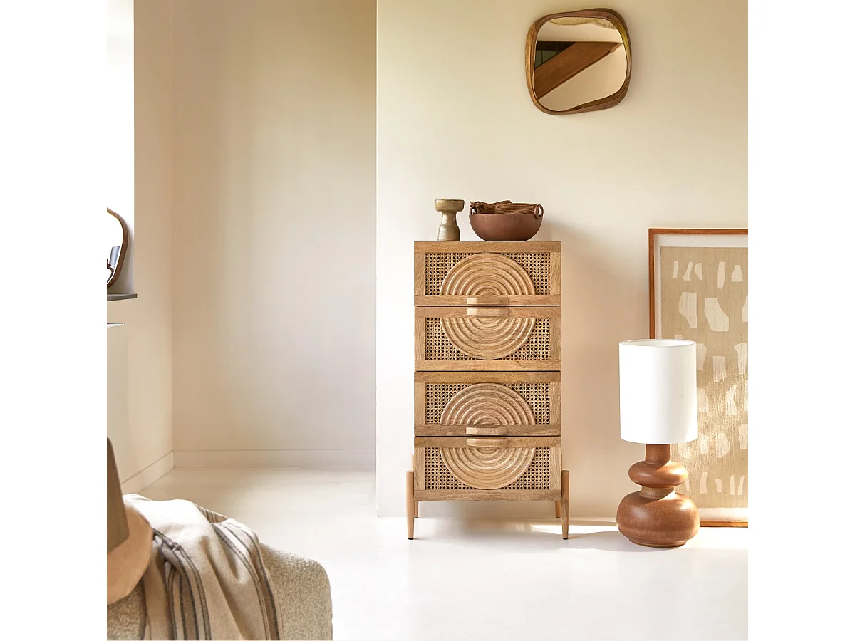 Kommode Sina aus massivem Mangoholz und Rattan