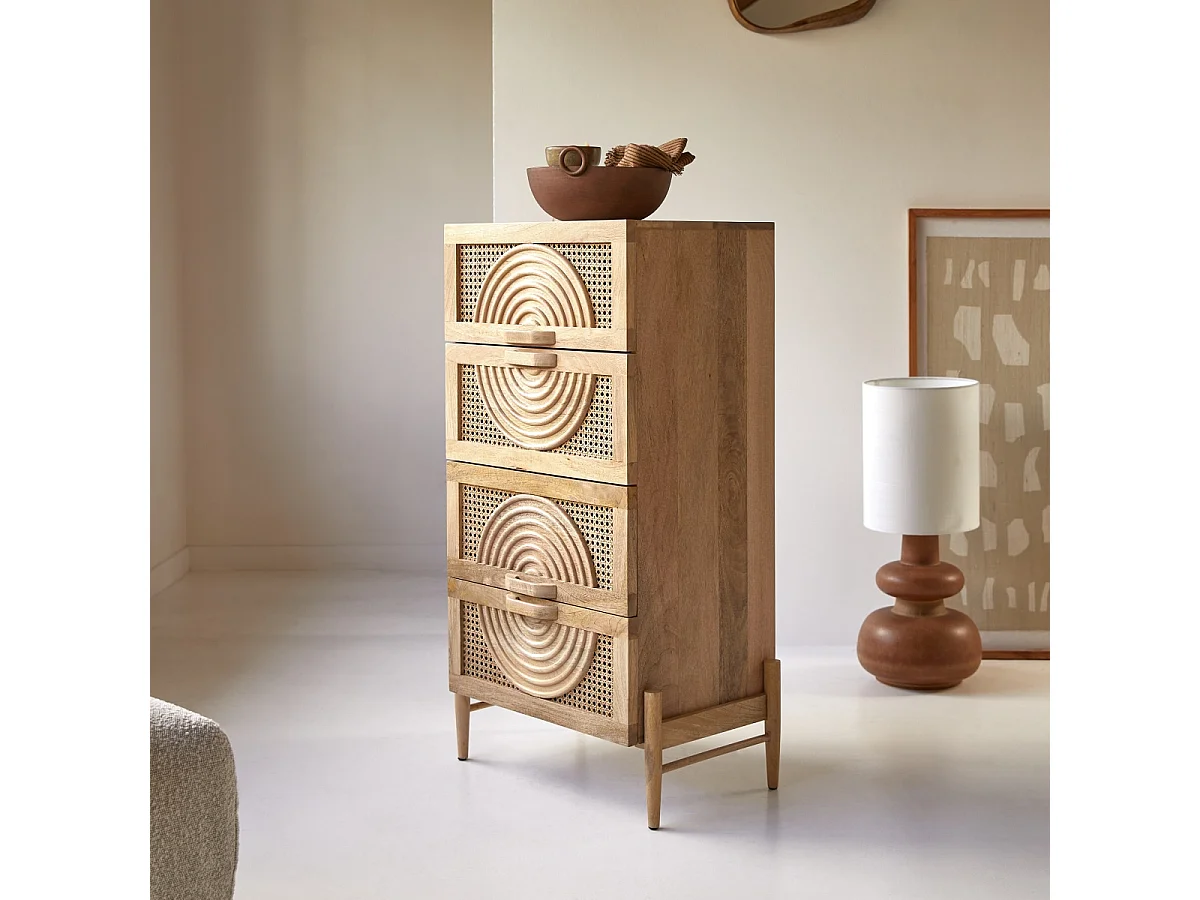Cassettiera in legno di mango massello e rattan Sina