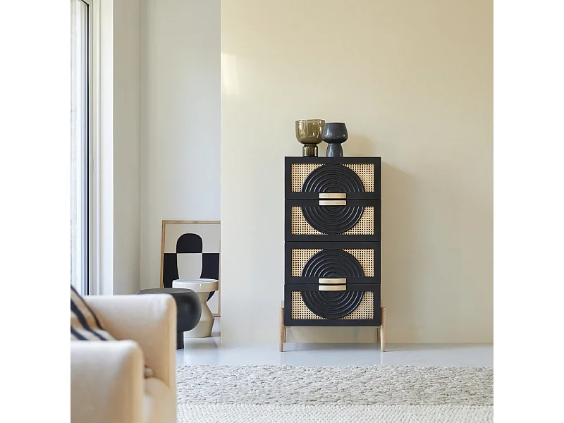 Commode en bois de manguier massif noir et rotin Sina