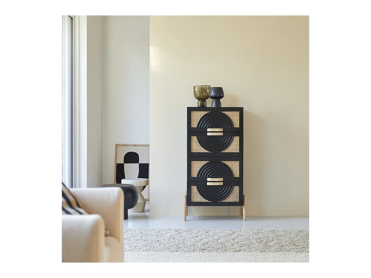 Kommode aus massivem Mangoholz schwarz und Rattan Sina