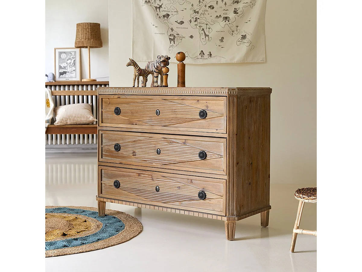 Kinderkommode aus massiver recycelter Pinie 3 Schubladen Emily