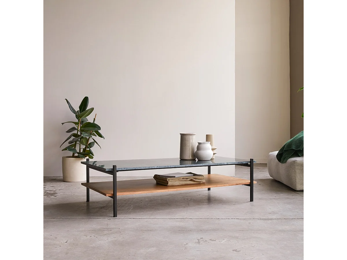 Tavolino basso in legno massello di acacia e marmo 130x65 Edit