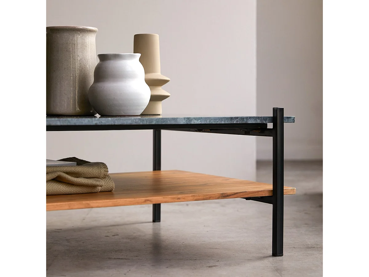 Tavolino basso in legno massello di acacia e marmo 130x65 Edit