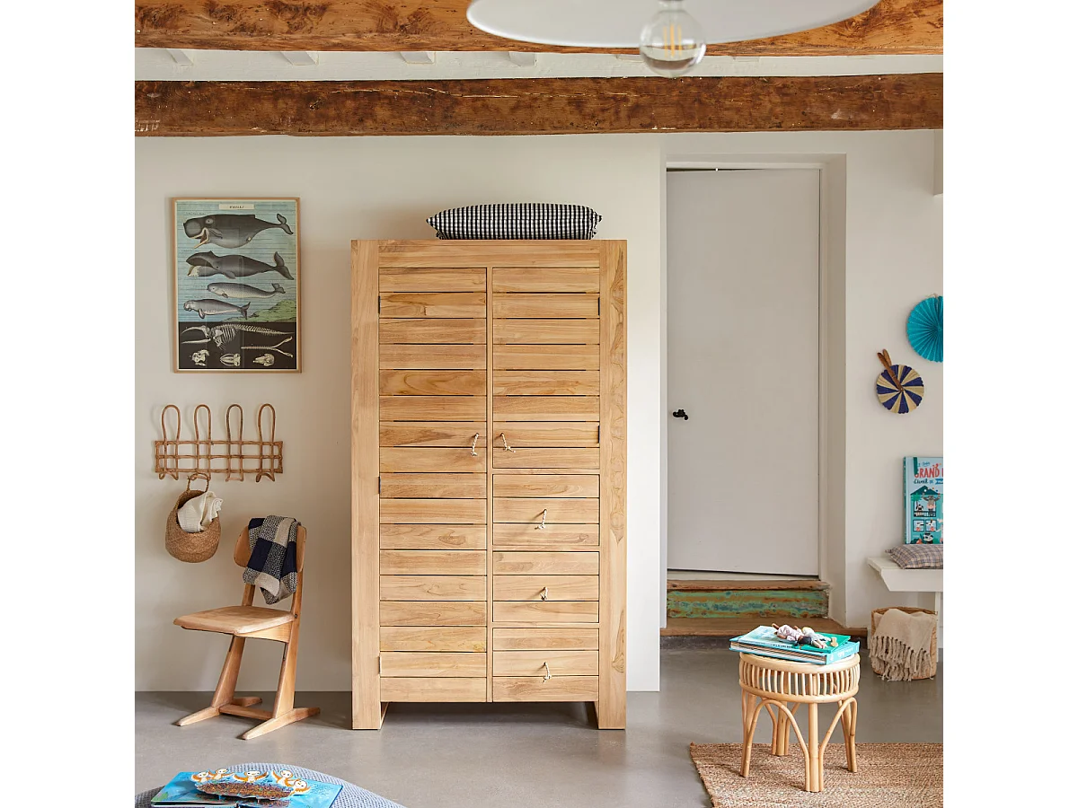 Kinder-Kleiderschrank mit Kleiderstange aus massivem Teakholz 180 Minimalys