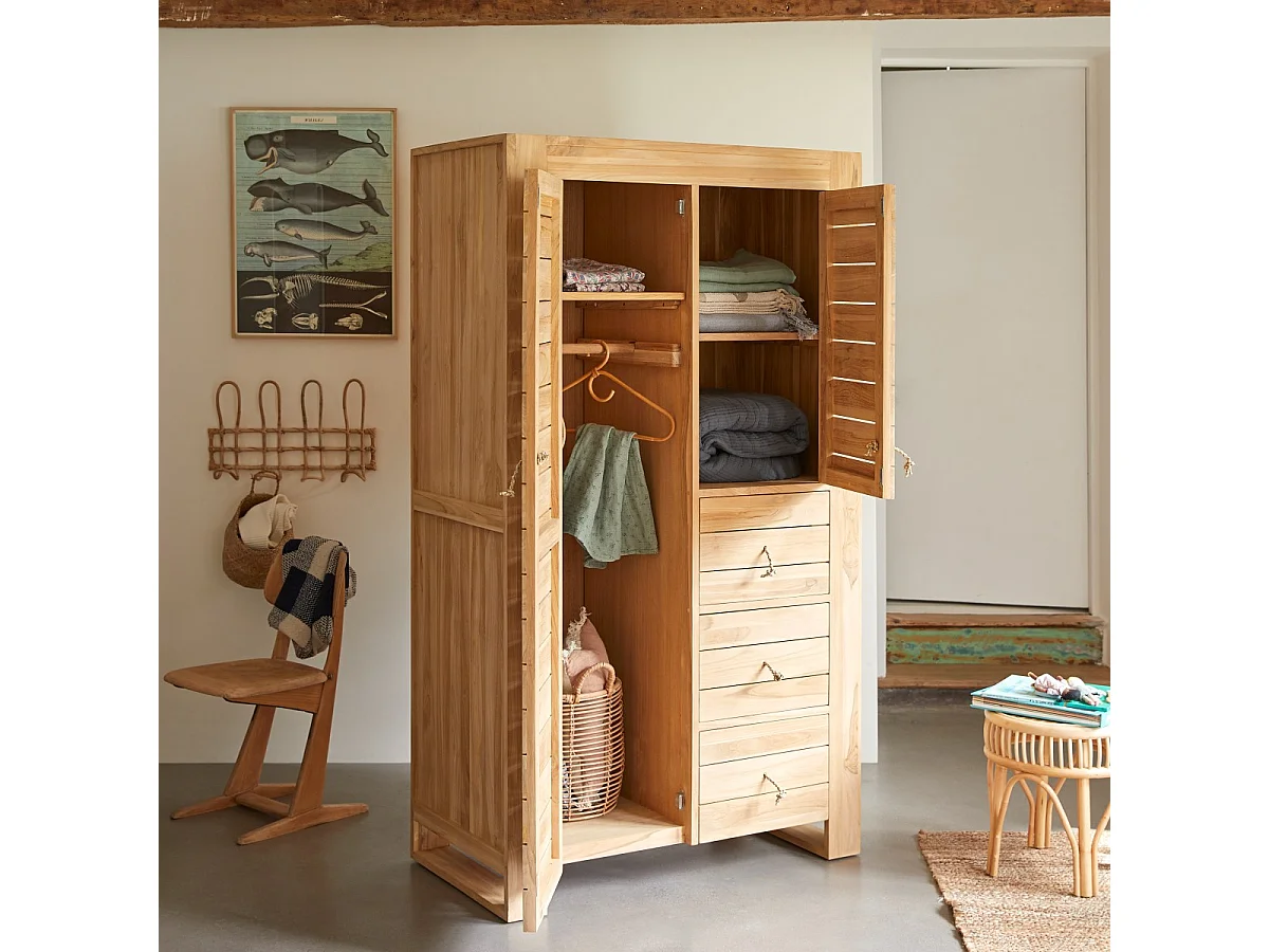Kinder-Kleiderschrank mit Kleiderstange aus massivem Teakholz 180 Minimalys