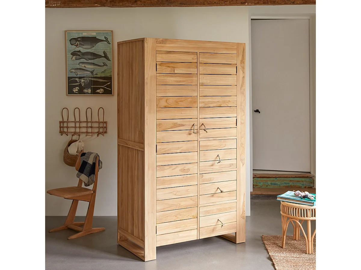 Kinder-Kleiderschrank mit Kleiderstange aus massivem Teakholz 180 Minimalys