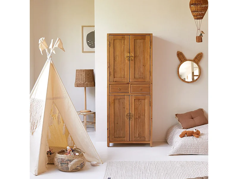 Armadio per bambini in legno di pino massello riciclato Yuki Naturale